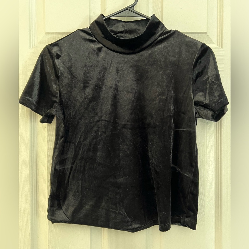 Zara Black Velvet Mock Neck Short Sleeve Top